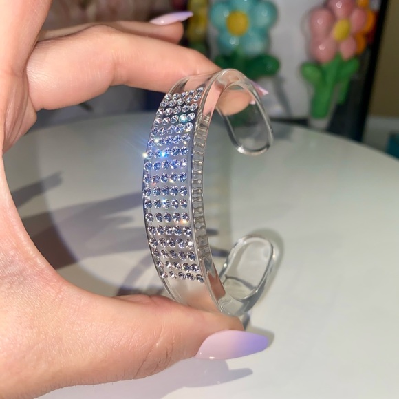 Clear Acrylic Lucite Cuff Bracelet With Crystals, Chunky Wide Crystal Cuff - Picture 5 of 11